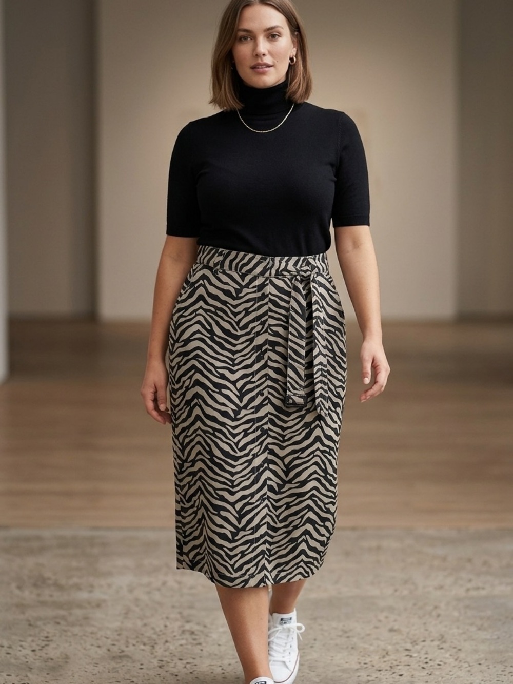 Converse Zebra-Print Asymmetrical Midi Skirt - Black & Cream size 14‎